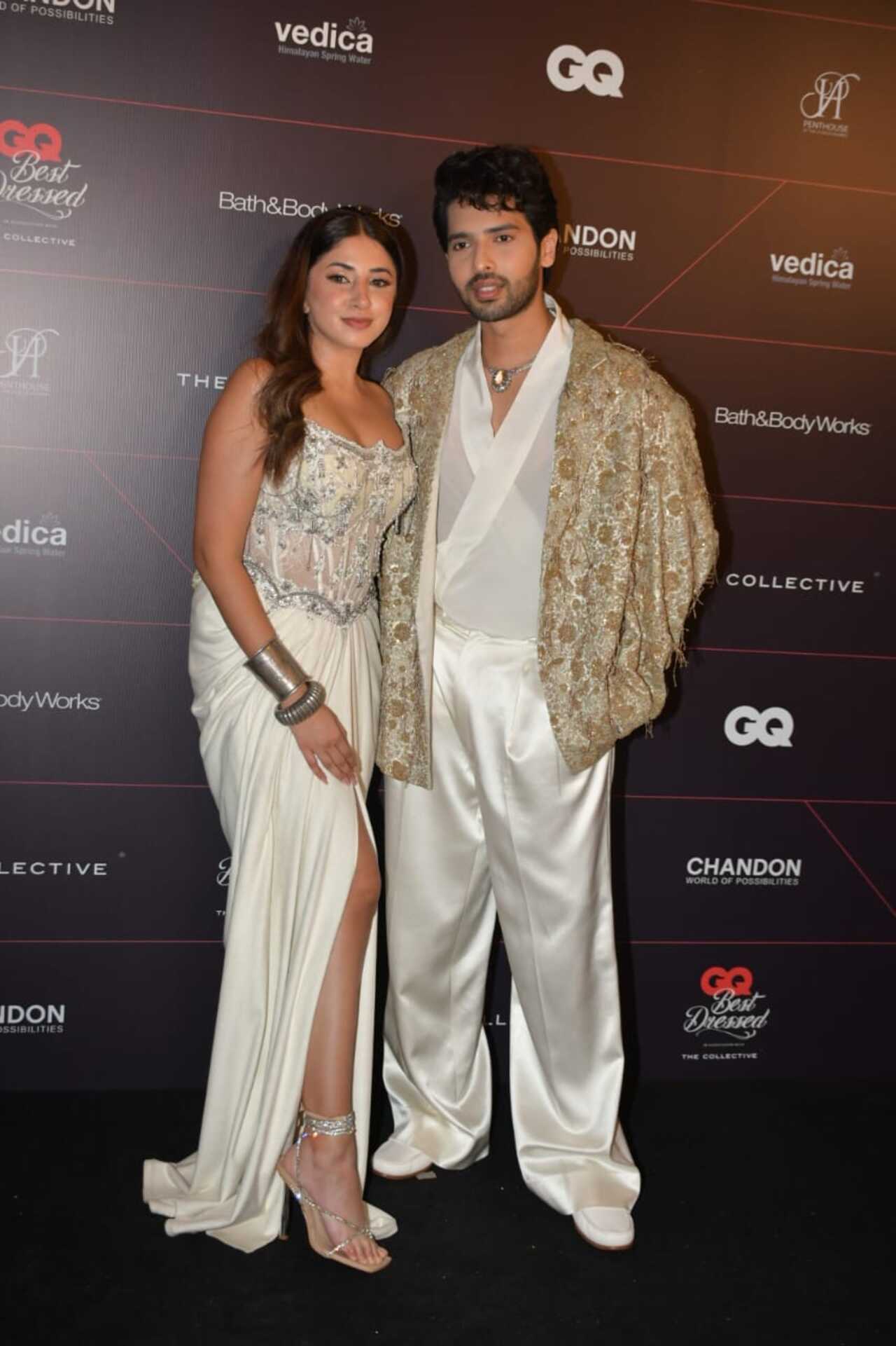Newly engaged couple, Armaan Malik and Aashna Shroff, posed on the red carpet